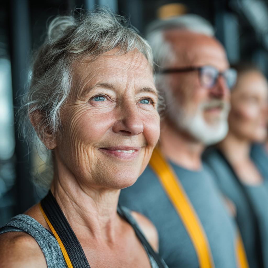 Active seniors doing group fitness training with resistance bands in wellness center, smiling together, age 50-55